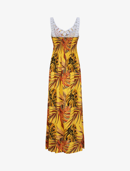 Robe longue imprimé feuilles exotiques et crochet - Jaune - 2
