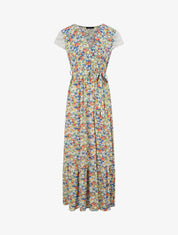 Robe longue empire imprimé tulipe et mancherons crochet - Bleu - 1