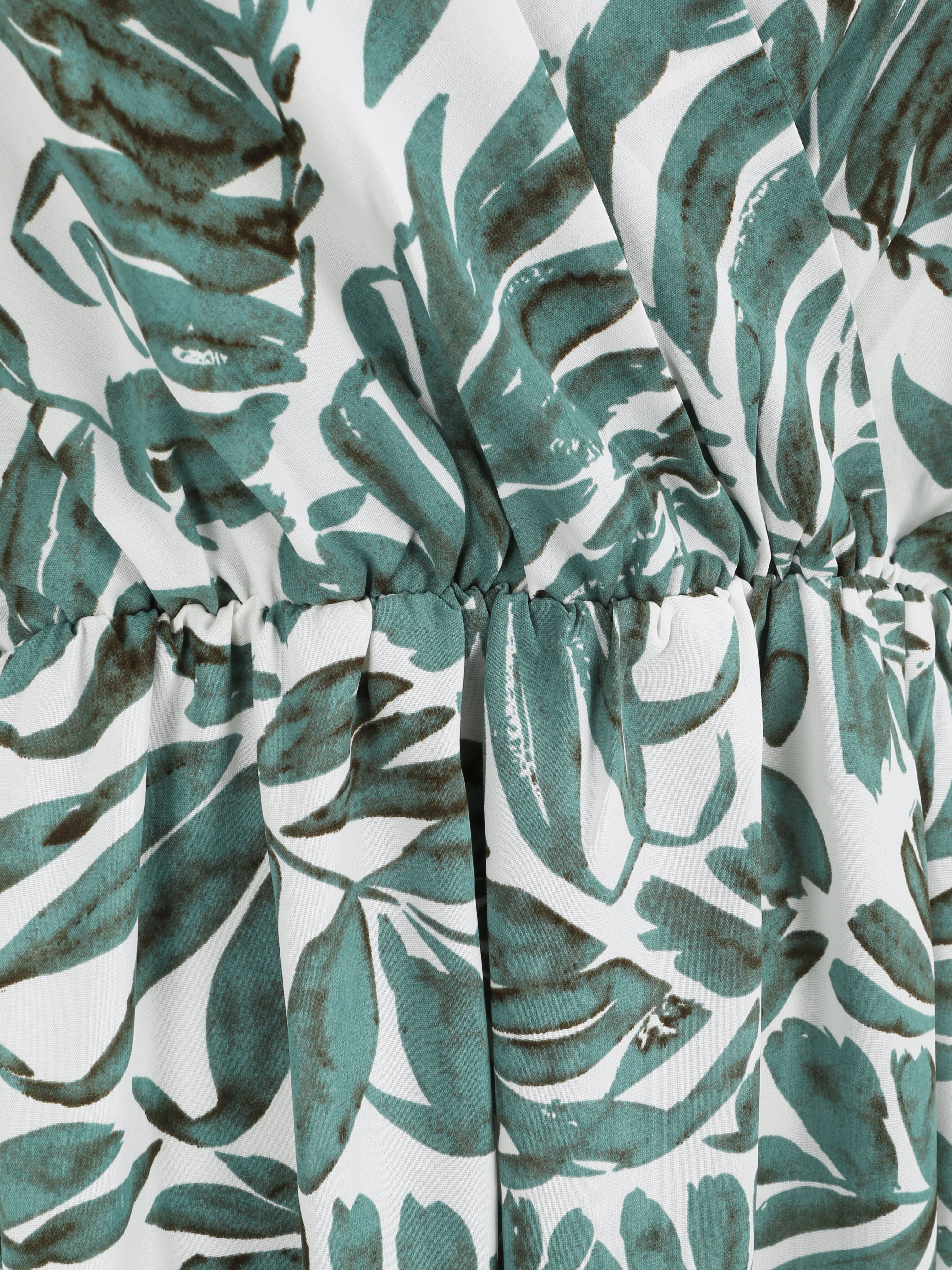 Robe longue empire imprimé feuillages à bretelles - Vert - 3