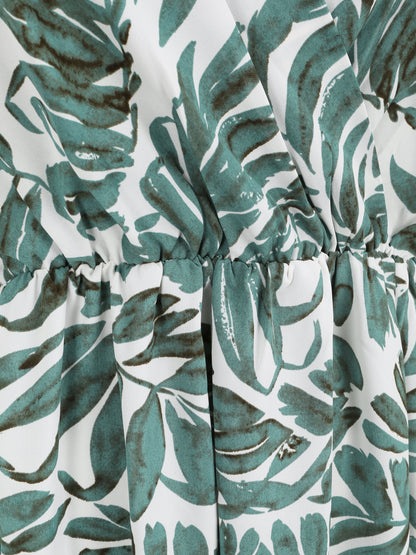 Robe longue empire imprimé feuillages à bretelles - Vert - 3