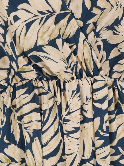 Robe longue empire imprimé feuillages à bretelles - Bleu - 3
