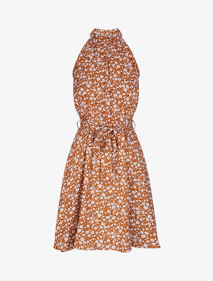 Robe cintrée imprimé petites fleurs à col américain - Camel - 5