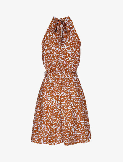 Robe cintrée imprimé petites fleurs à col américain - Camel - 2