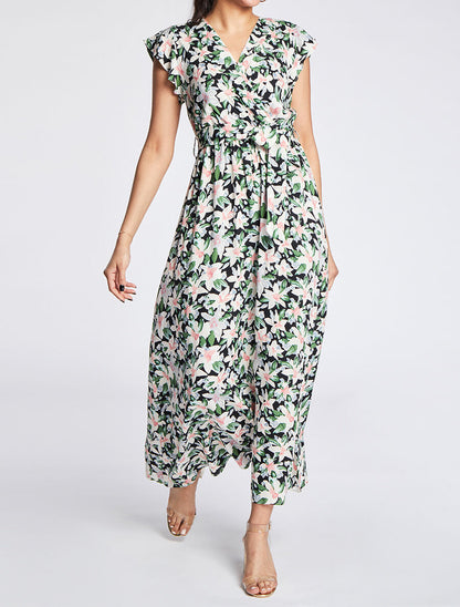 Robe longue empire à épaules volantées imprimé aquarelle florale - Noir - 4