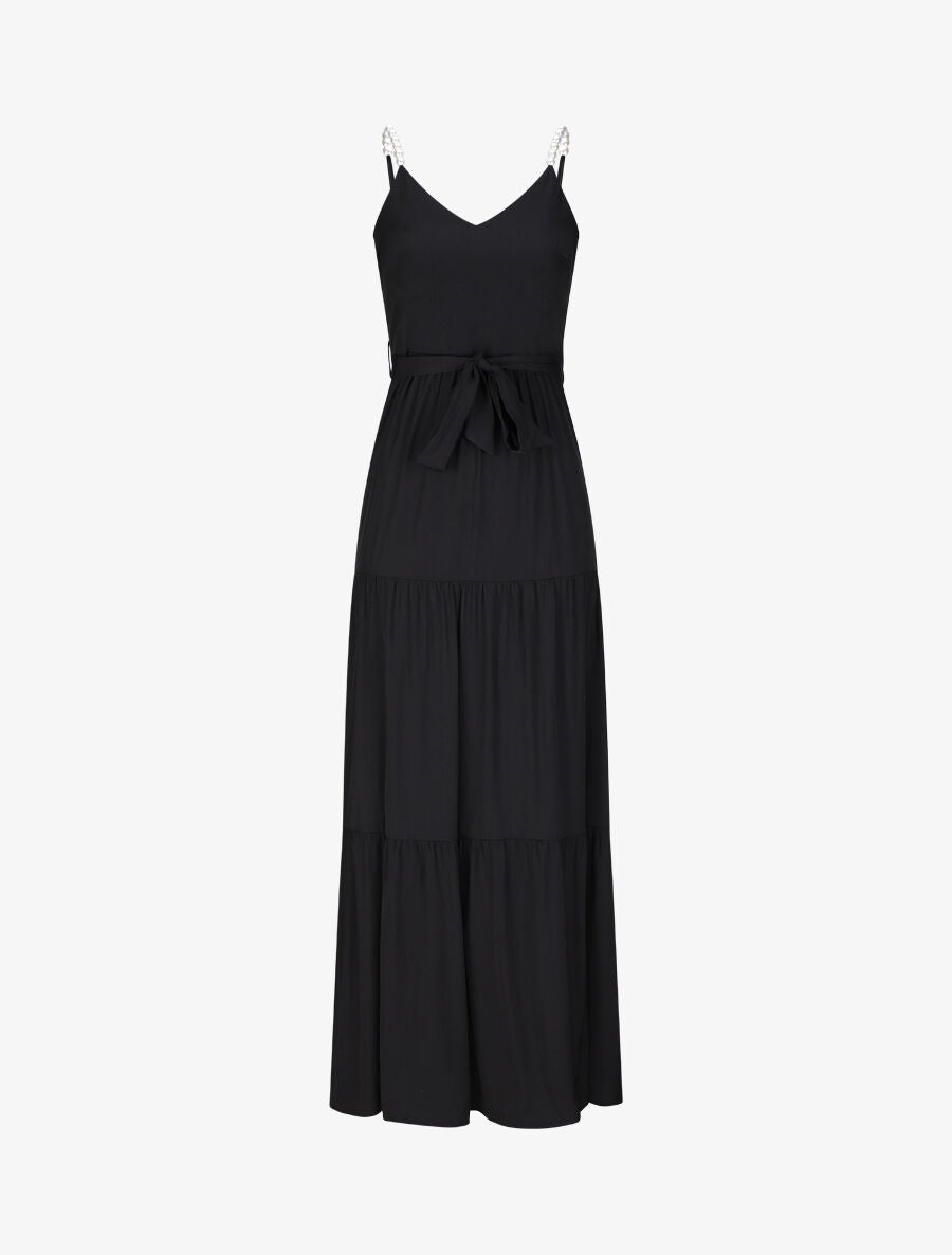 Robe longue empire unie à bretelles à perles - Noir - 1