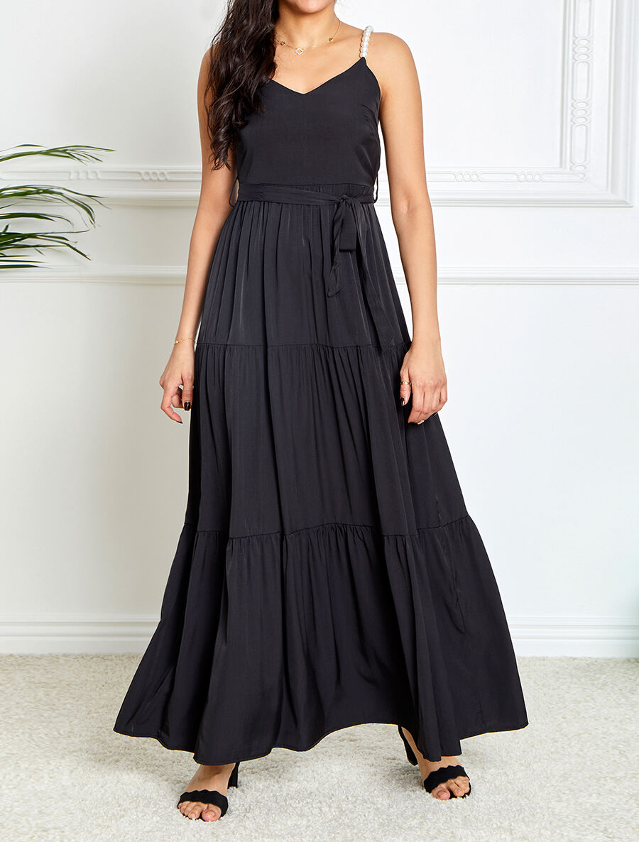 Robe longue empire unie à bretelles à perles - Noir - 4