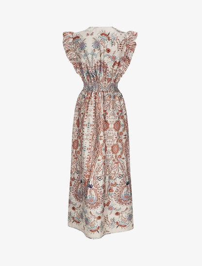 Robe longue empire satinée imprimé cachemire stylisé - Beige - 2