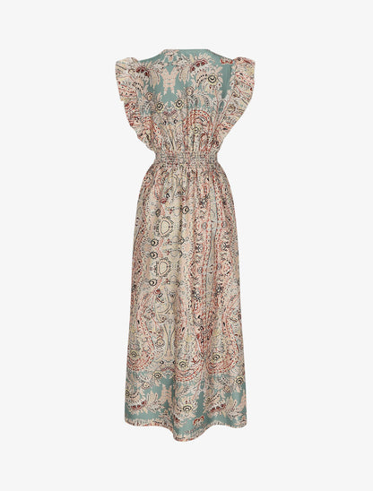 Robe longue empire satinée imprimé cachemire stylisé - Vert d&