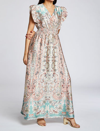 Robe longue empire satinée imprimé cachemire stylisé - Vert d&