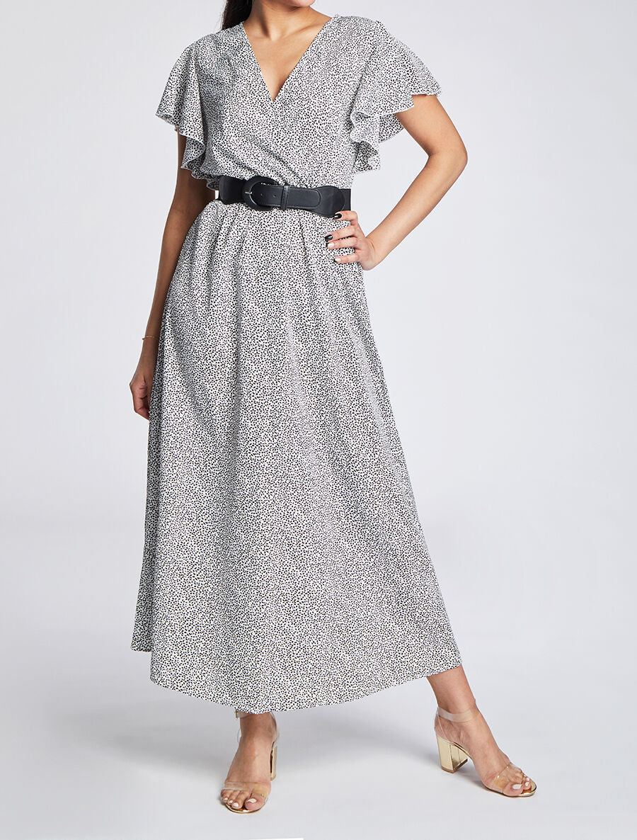 Robe longue empire imprimé fleurs à manches volantées - Blanc - 4