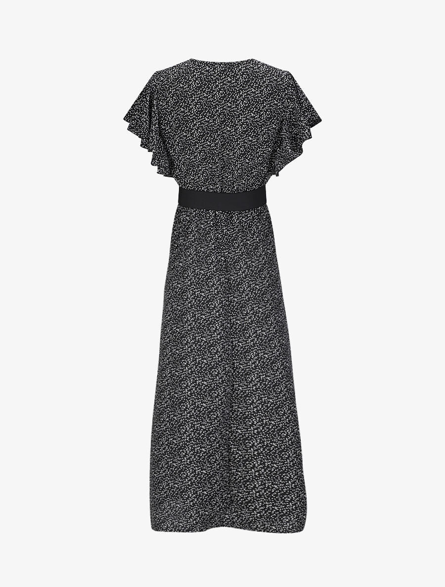 Robe longue empire imprimé fleurs à manches volantées - Noir - 2