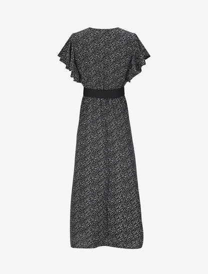 Robe longue empire imprimé fleurs à manches volantées - Noir - 2