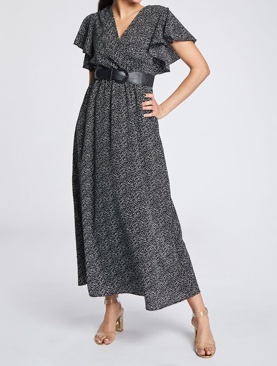 Robe longue empire imprimé fleurs à manches volantées - Noir - 4