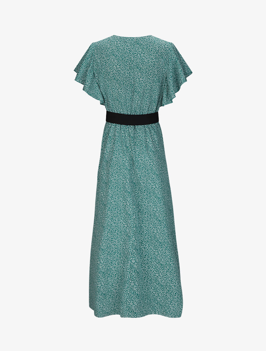 Robe longue empire imprimé fleurs à manches volantées - Vert - 2