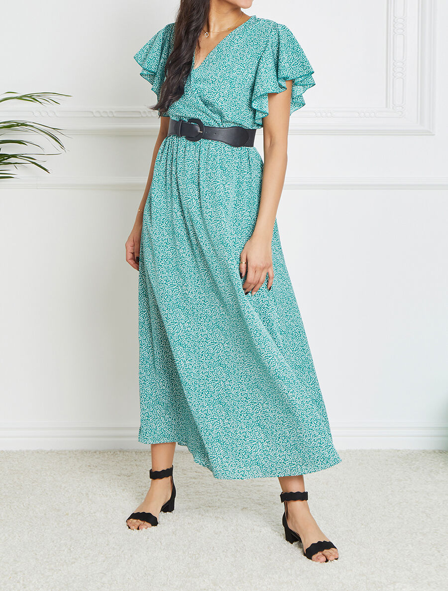 Robe longue empire imprimé fleurs à manches volantées - Vert - 3