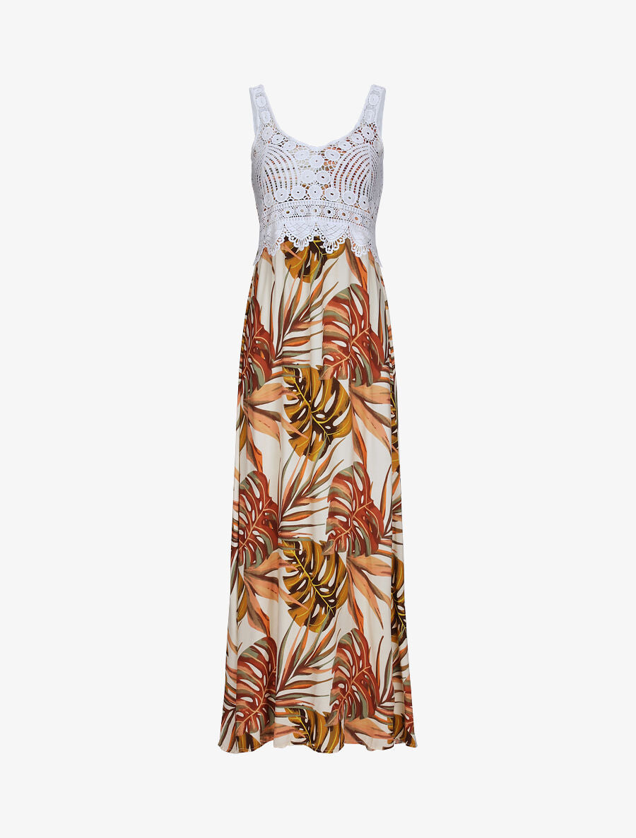 Robe longue imprimé feuilles exotiques et crochet - Beige - 4