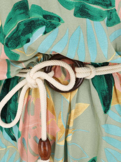 Robe longue imprimé feuilles tropicales à bretelles en cordelettes - Vert anis - 3