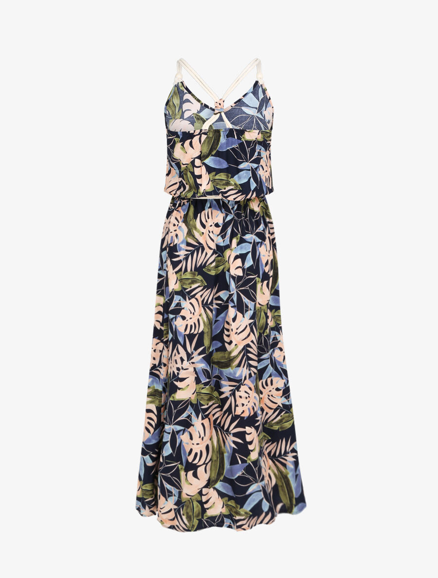 Robe longue imprimé feuilles tropicales à bretelles en cordelettes - Marine - 2