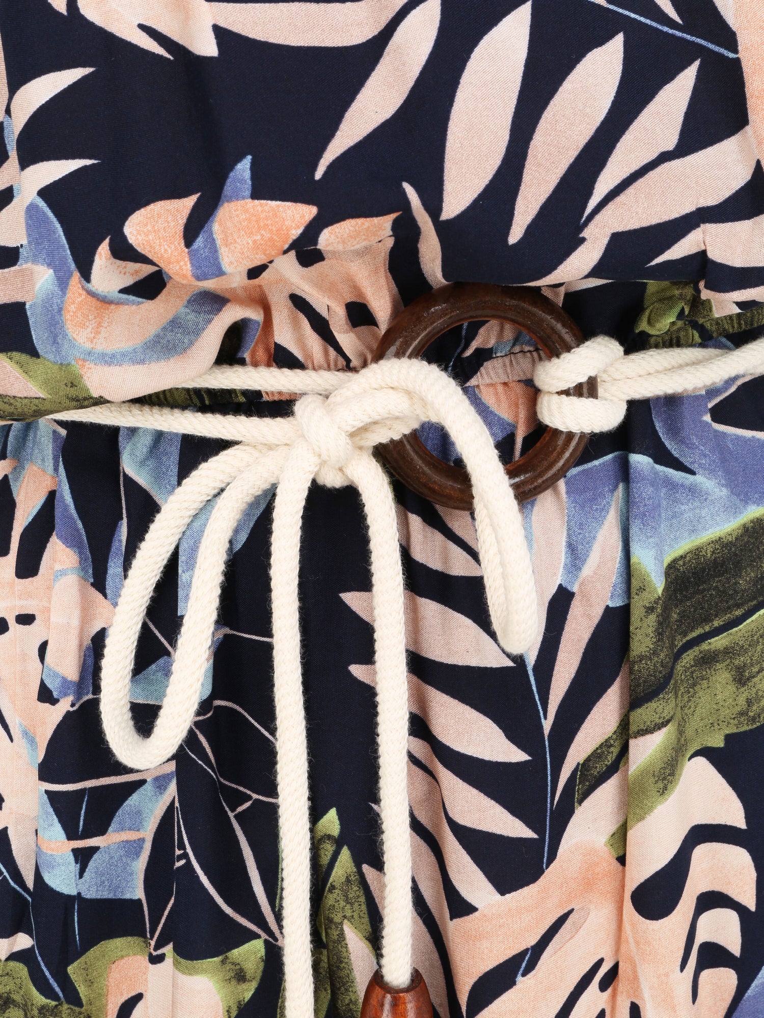 Robe longue imprimé feuilles tropicales à bretelles en cordelettes - Marine - 3
