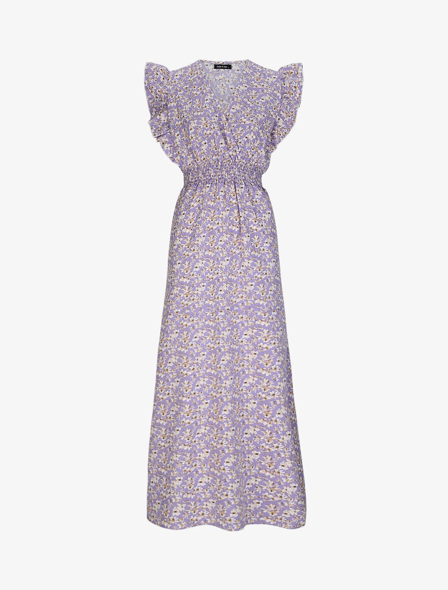Robe longue empire à épaules volantées imprimé fleurs de cerisier - Lilas - 1