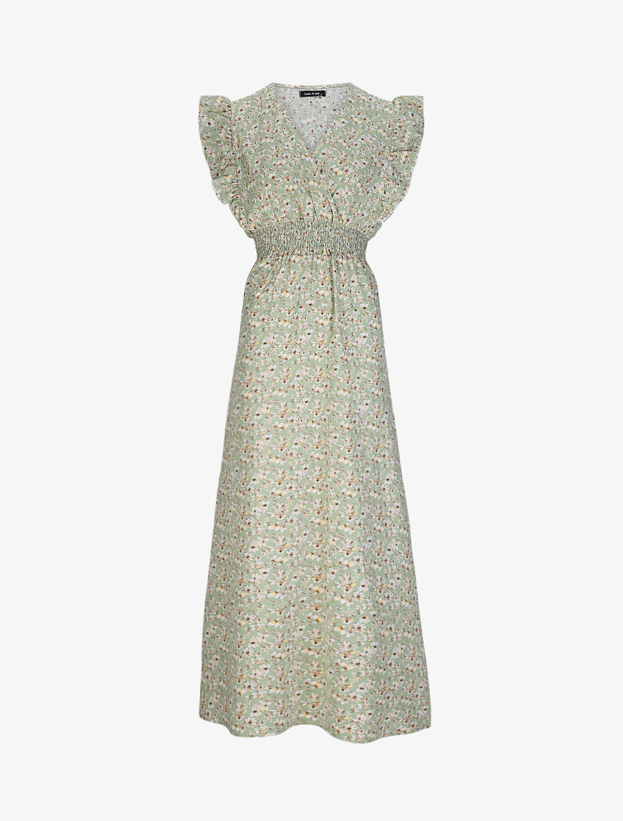 Robe longue empire à épaules volantées imprimé fleurs de cerisier - Vert - 1