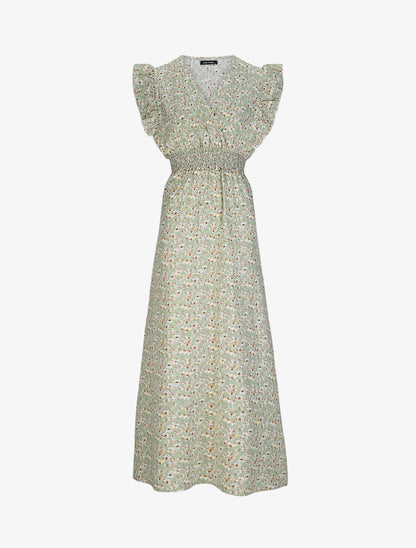 Robe longue empire à épaules volantées imprimé fleurs de cerisier - Vert - 1