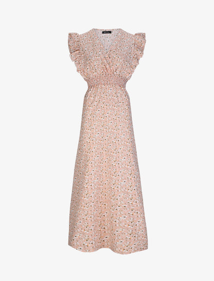 Robe longue empire à épaules volantées imprimé fleurs de cerisier - Rose - 1