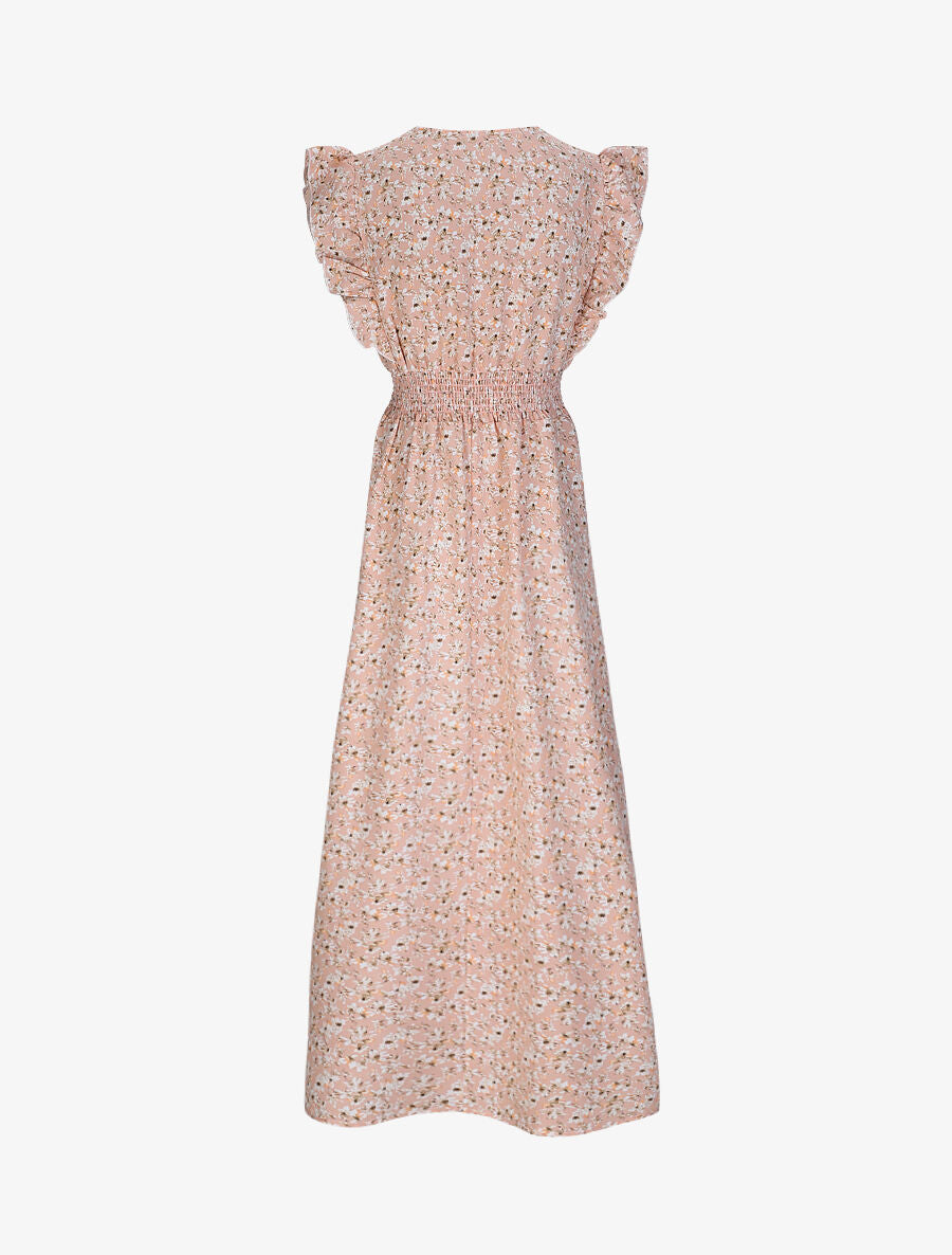 Robe longue empire à épaules volantées imprimé fleurs de cerisier - Rose - 2