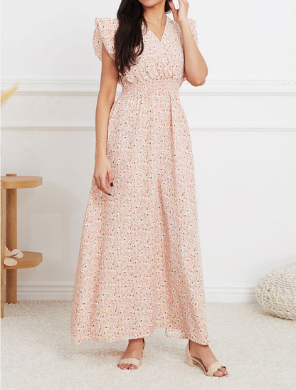 Robe longue empire à épaules volantées imprimé fleurs de cerisier - Rose - 4