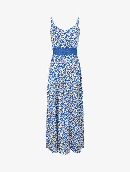 Robe longue imprimée petites fleurs à boutons décoratifs - Bleu - 1