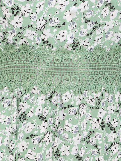 Robe longue imprimée petites fleurs à boutons décoratifs - Vert - 3