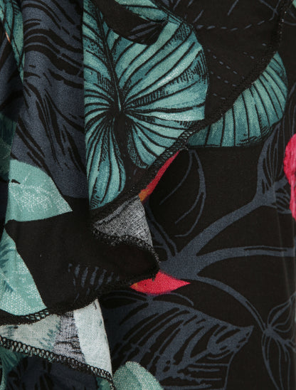 Débardeur fluide à col volanté imprimé feuilles tropicales - Bleu nuit - 4