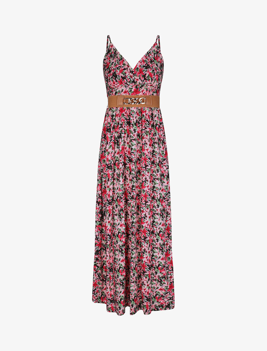 Robe longue empire à bretelles et imprimé fleurs abstraites - Noir - 4
