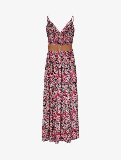 Robe longue empire à bretelles et imprimé fleurs abstraites - Noir - 2