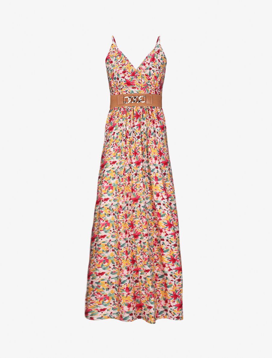 Robe longue empire à bretelles et imprimé fleurs abstraites - Orange - 2
