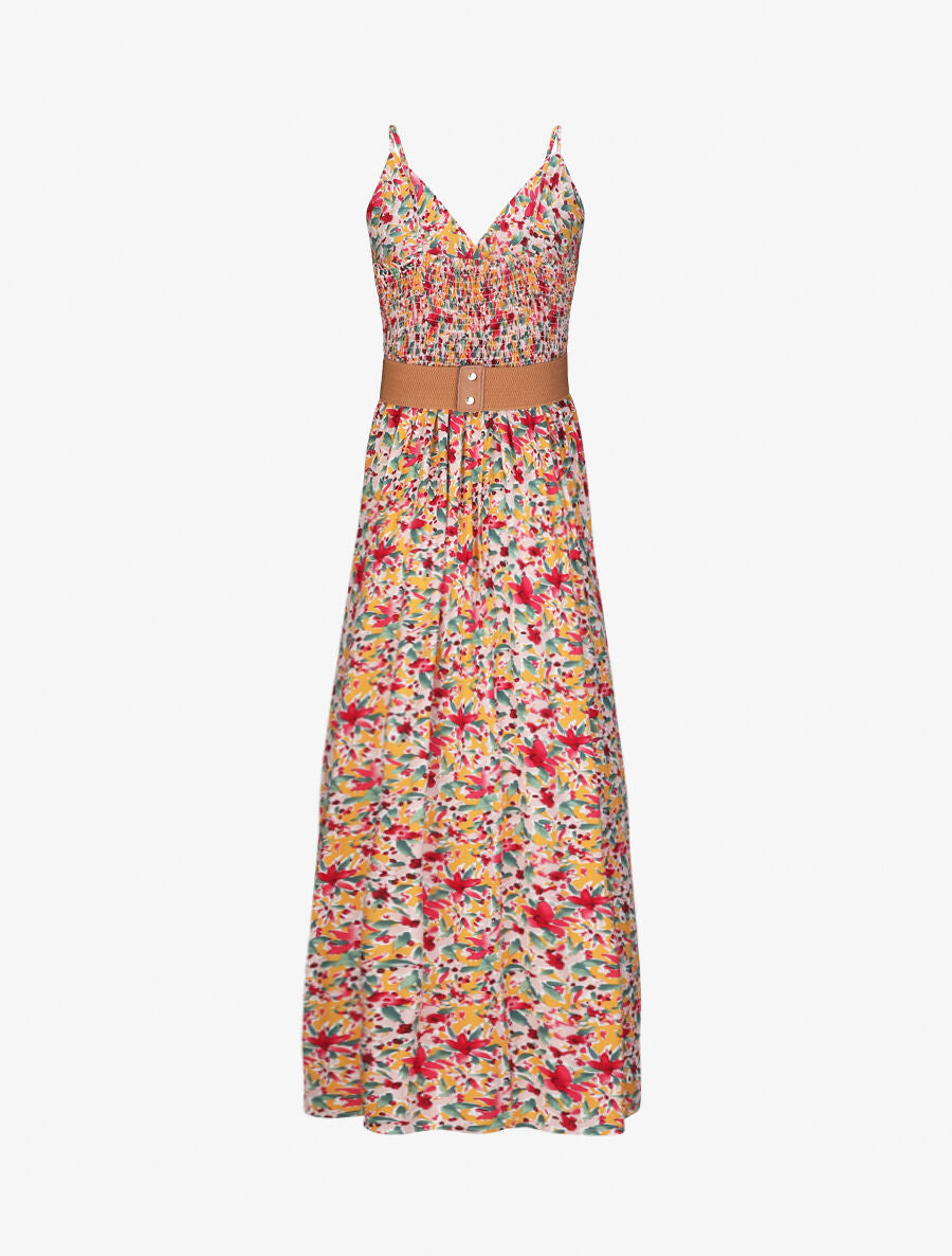 Robe longue empire à bretelles et imprimé fleurs abstraites - Orange - 3