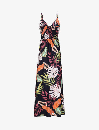 Robe longue empire imprimé plantes tropicales à bretelles - Marine - 2