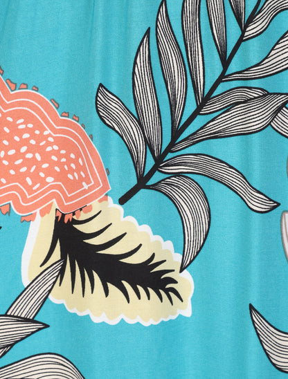 Robe longue empire imprimé plantes tropicales à bretelles - Bleu turquoise - 3