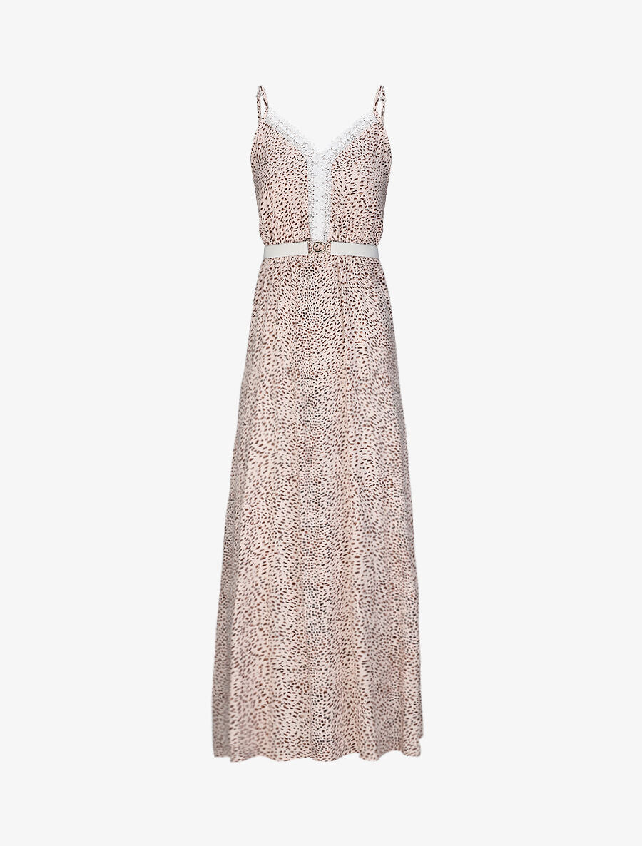 Robe longue patineuse à col dentelle et imprimé moucheté - Beige - 1