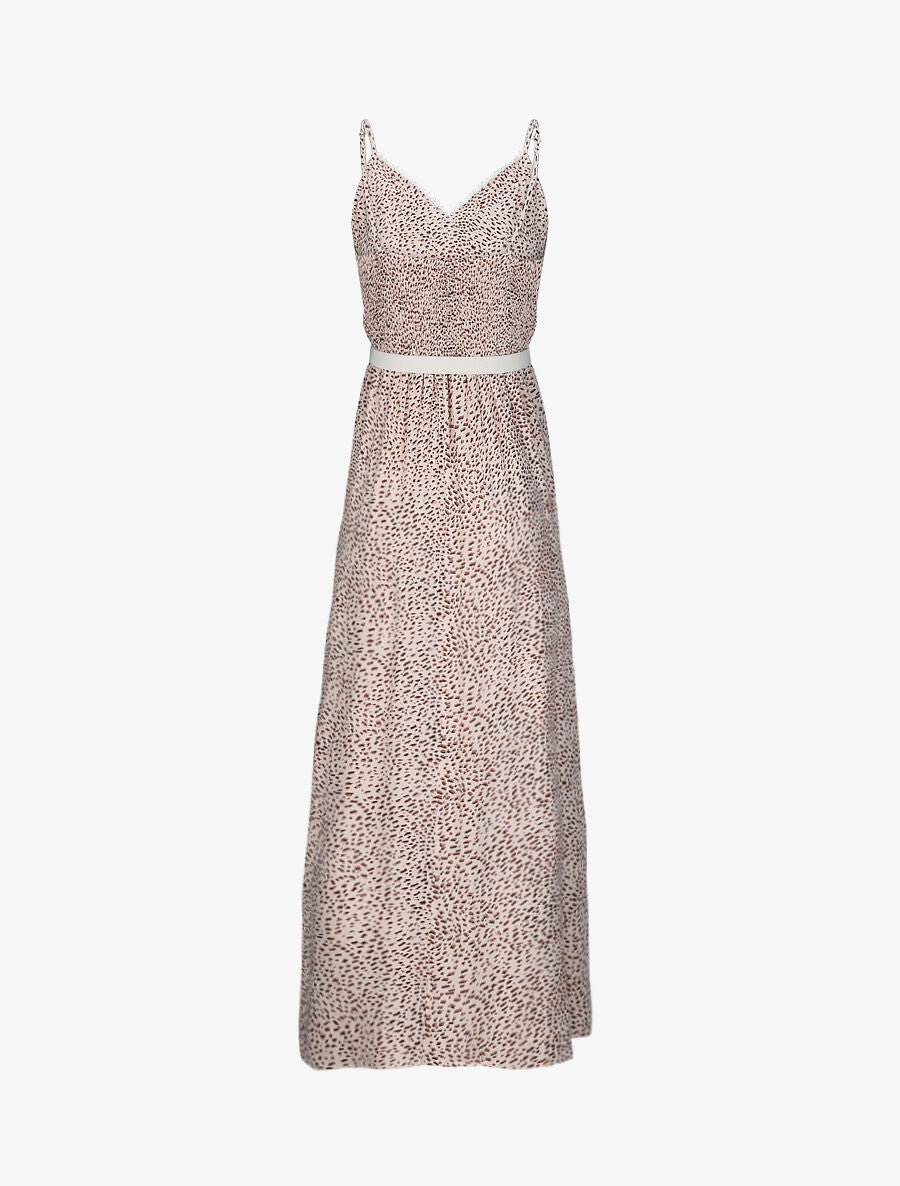 Robe longue patineuse à col dentelle et imprimé moucheté - Beige - 2