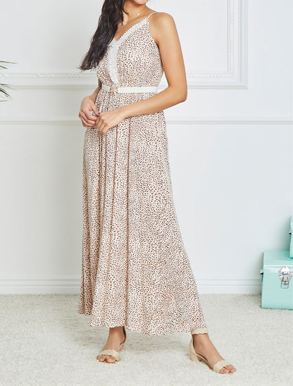 Robe longue patineuse à col dentelle et imprimé moucheté - Beige - 4