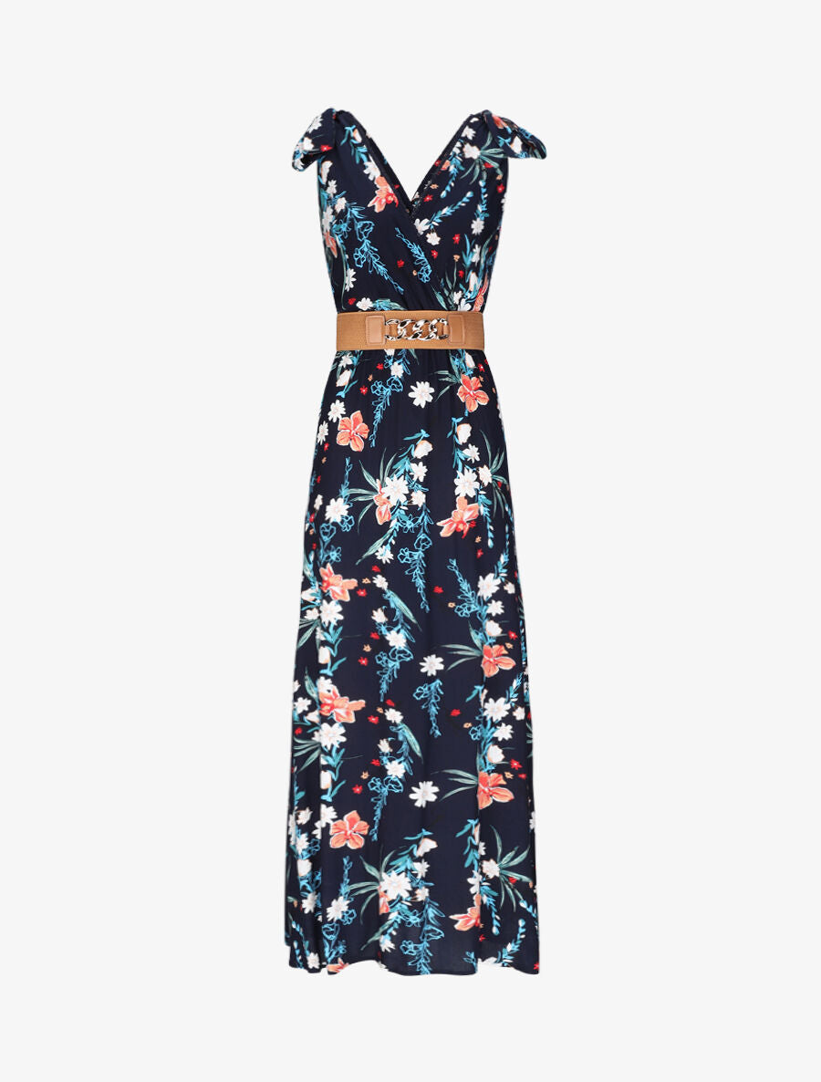 Robe longue empire à col cache-coeur imprimé bouquet fleuri - Marine - 1