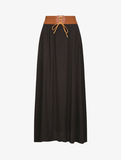 Jupe longue unie à taille haute contrastante - Noir - 1