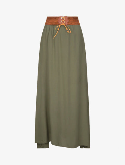 Jupe longue unie à taille haute contrastante - Kaki - 1