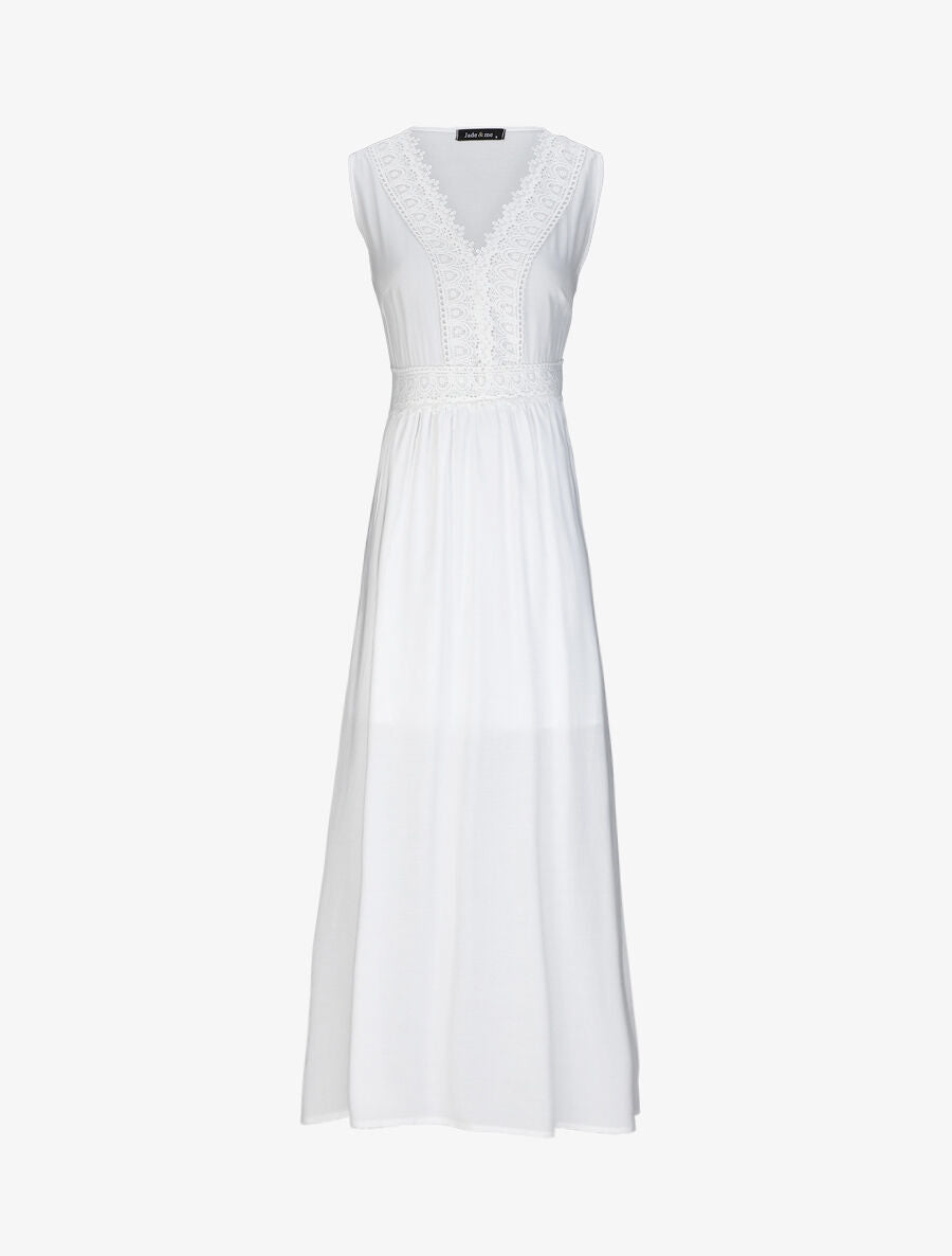 Robe longue évasée unie à col en crochet - Blanc - 4