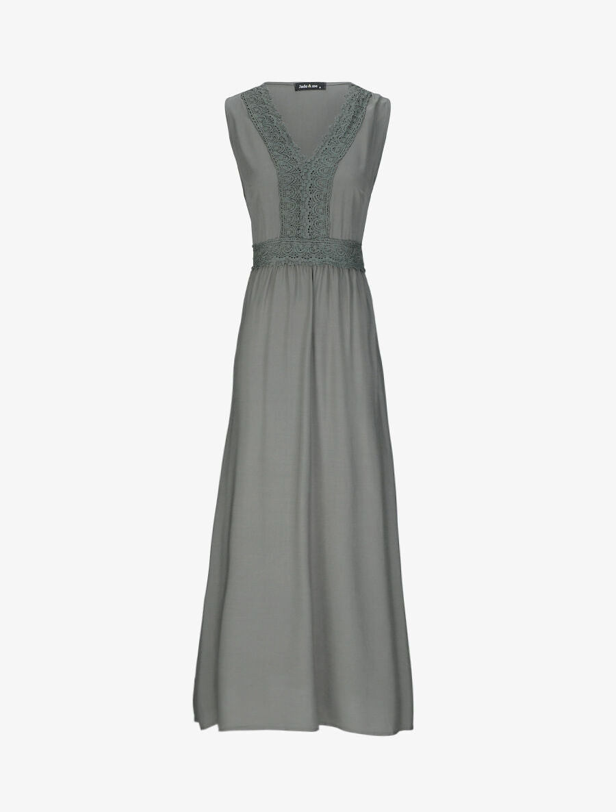Robe longue évasée unie à col en crochet - Kaki - 1
