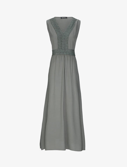 Robe longue évasée unie à col en crochet - Kaki - 1