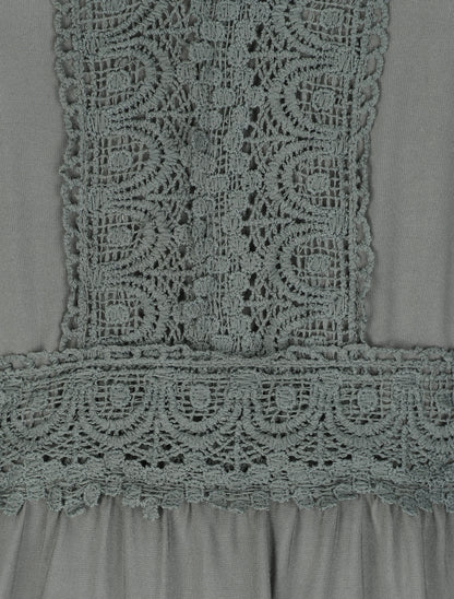 Robe longue évasée unie à col en crochet - Kaki - 3