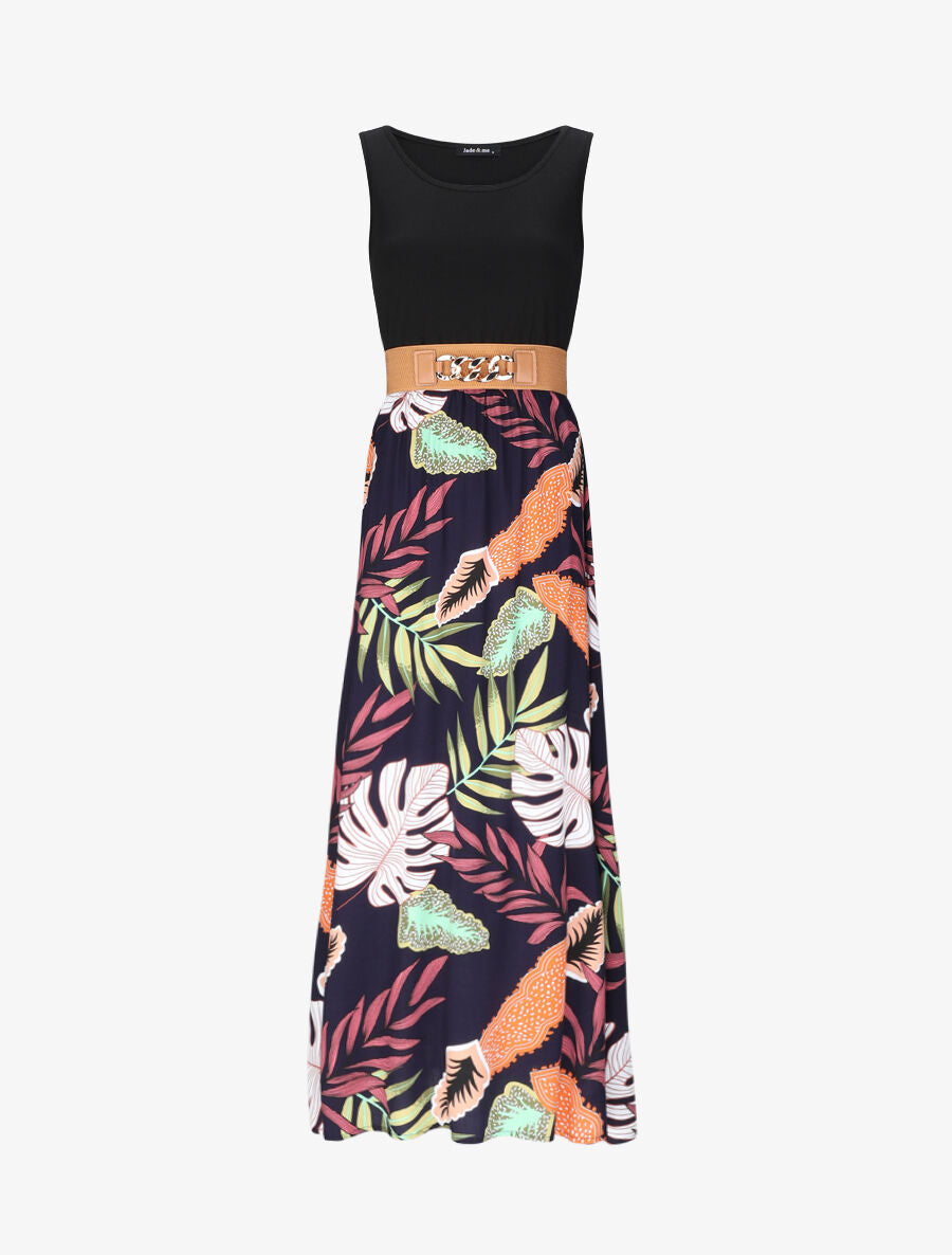 Robe longue patineuse bi-matière imprimé tropique - Marine - 4