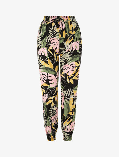 Pantalon fluide imprimé fleurs tropicales à bords élastiqués - Noir - 4